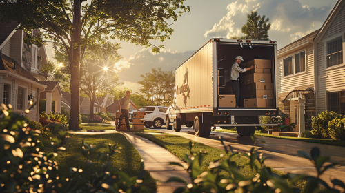 Employees loading boxes into moving truck in morning