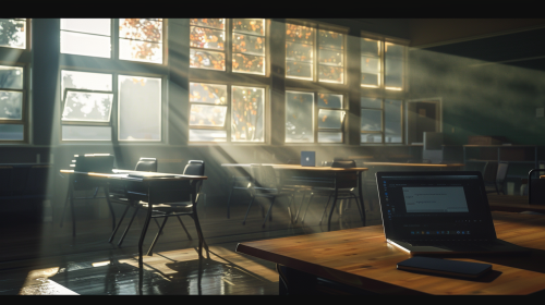 Empty Classroom with Laptop and Tablet in Sunlight