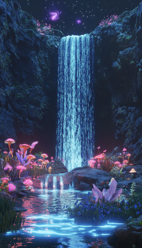 Enchanted Waterfall: Fairies Dance Under Glowing Night Sky Enchanted Waterfall: Fairies Dance Under Glowing Night Sky