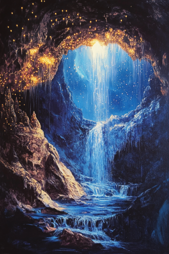 Oil Painting Save, Waterfall and Glow Worms
