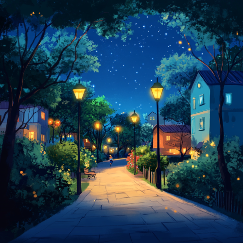 Enchanting Pixar-style nighttime path with whimsical characters