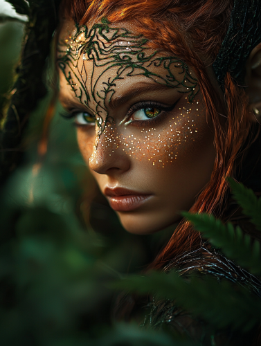 Enchanting elf in redwood forest pondering