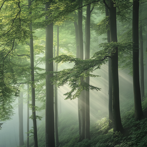 Enchanting misty forest in ethereal light