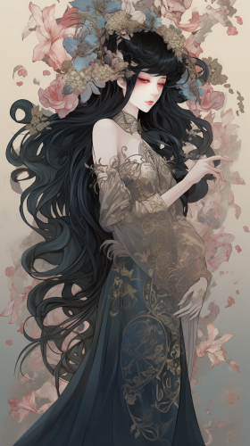 Enchanting sorceress in black rose gown on Halloween night Enchanting sorceress in black rose gown on Halloween night