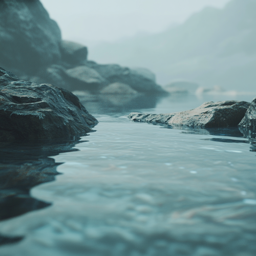 Enchanting water flowing over ancient rocks with mist