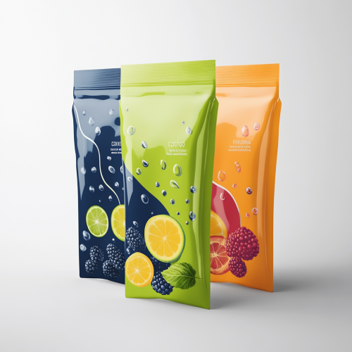 Energetic, fresh fruit pouch with vibrant colors and abstract elements.