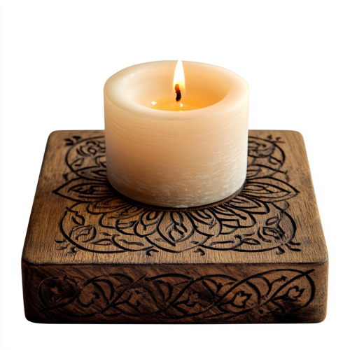 Engraved wooden board enhancing candle display, antique look.