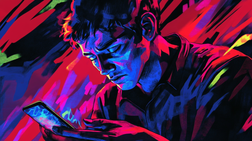 Enraptured man in trance with glowing mobile game screen. Enraptured man in trance with glowing mobile game screen.