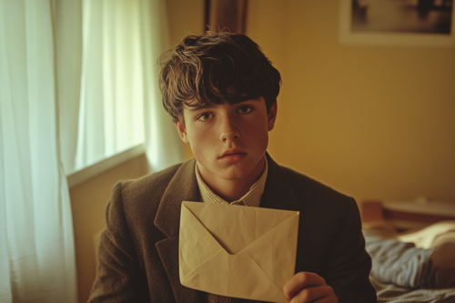 Envelope held by teenage boy in Wes Anderson style.