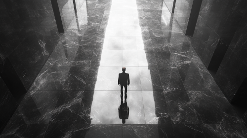 Epic Hallway shot of Minotaur, black mirror walls, symmetry