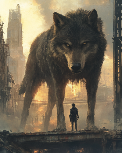 Ethan, 20, dark hair, grey eyes, big wolf, broken bridge.