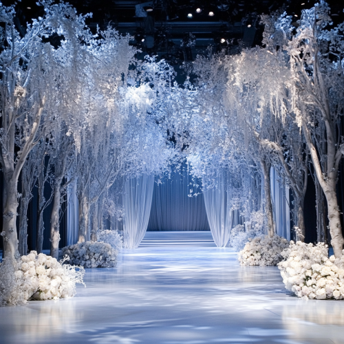 Ethereal forest stage with white trees, flowers, and lighting.