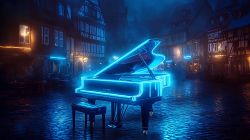Ethereal image of electric neon grand piano.