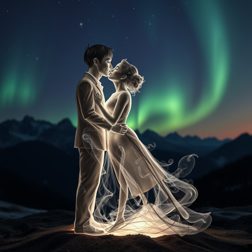 Ethereal moonlit sculpture captures intimate kiss under aurora.