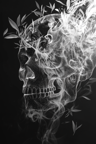 Ethereal skull made of smoke with fiery top half.