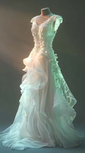 Ethereal white gown with green, pearls, and embroidery