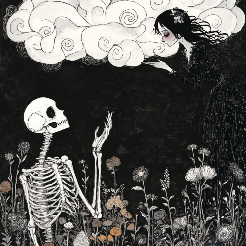 Ethereal woman gazes at fragile skeleton below