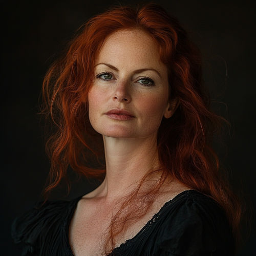 Ethereal woman with red hair, strong jawline portrait