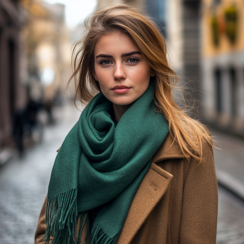 European Female Model in Seaweed Color Cashmere Scarf European Female Model in Seaweed Color Cashmere Scarf