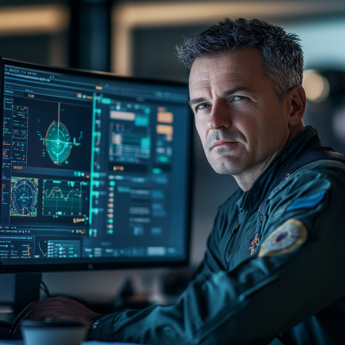 European man in pilot uniform enjoys virtual meeting.