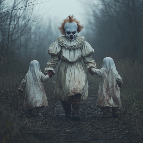 Evil clown with ghost children trick-or-treating