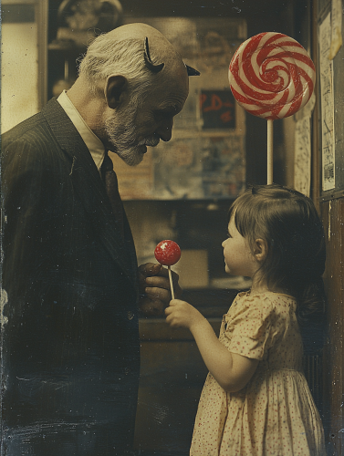 Evil old man giving child lollipop photo