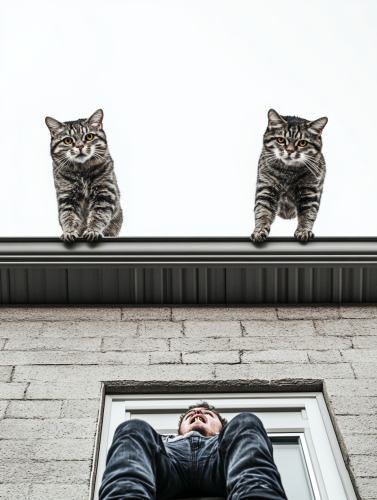 Exaggerated Cats Watch Human Fall from Roof 