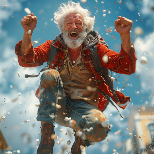 Excited 50-year-old man jumping joyfully outdoor