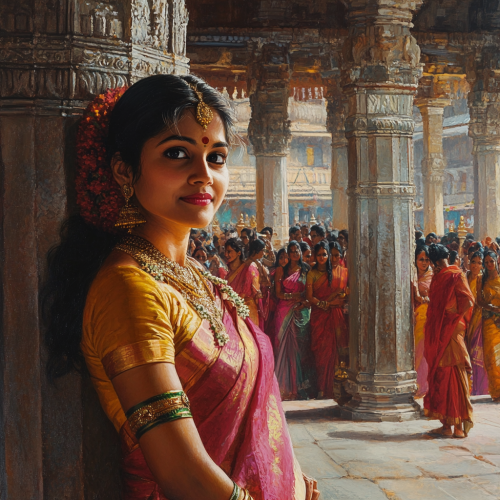 Excited South Indian woman in halfsaree at temple festival.