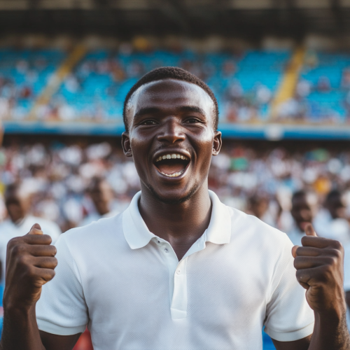 Excited Tanzanian Man Celebrates Victory at Packed Stadium