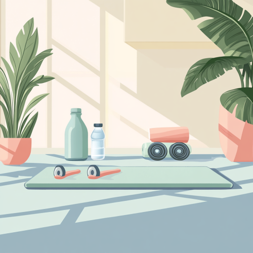 Exercise mat, water bottle, towel, and headphones in room.