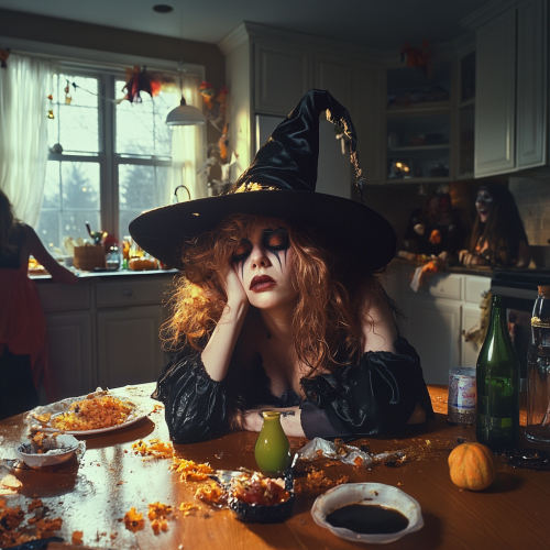 Exhausted Witch Resting in Festive Halloween Celebration