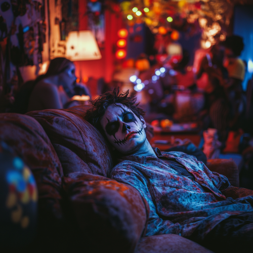 Exhausted man in vampire costume at Halloween party