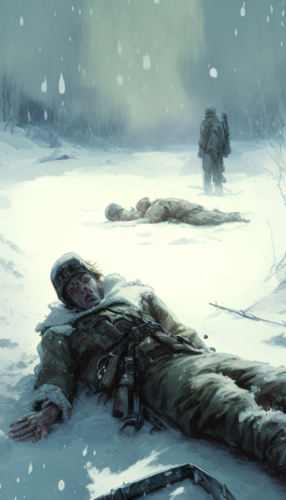 Exhausted soldiers in snow-covered battlefield with frozen weapons. Exhausted soldiers in snow-covered battlefield with frozen weapons.