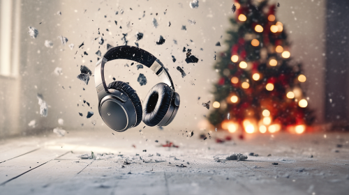 Exploding headphones near burning tree in stylish room