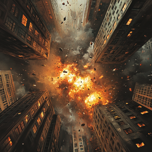 Explosion under burning building, cityscape view from below