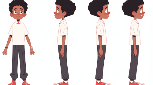 Expressive Afro Boy: Front, Left, Back Views