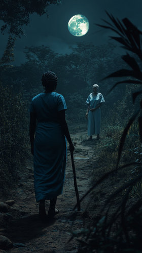 Ezinne, midwife, Nigerian, 54, fat, braids, uniform, forest.