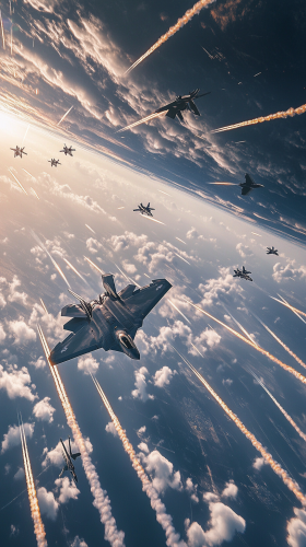 F-22 dominates sky, F-15s struggle, surreal, hyper-realistic.