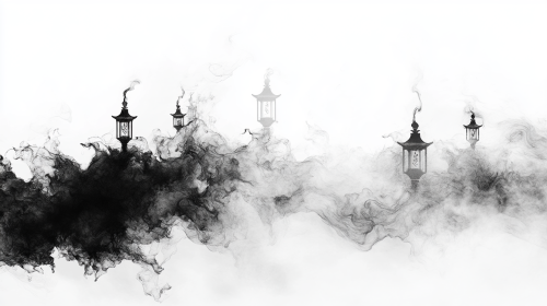 Fading lantern symbols over soft ink ripples