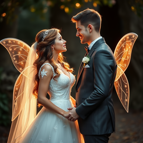 Fairy Couple Holding Hands on their Wedding Day