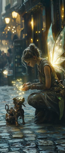 Fairy inscribes glowing runes onto construct dog. Ethereal dark fantasy setting with watercolor art style. Fairy inscribes glowing runes onto construct dog. Ethereal dark fantasy setting with watercolor art style.