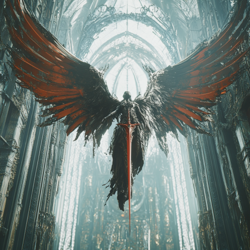 Fallen angel with wings hovering in futuristic cathedral setting.