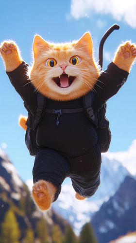Falling fat cat in mountain, scared, Pixar style