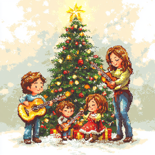 Family Christmas Guitar Stocking Illustration Under Tree