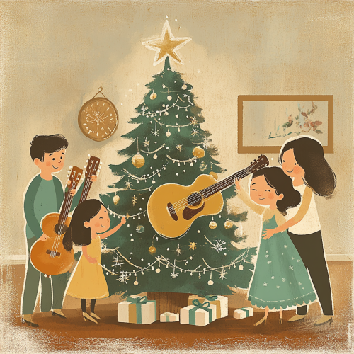 Family Christmas with children, parents, and guitar