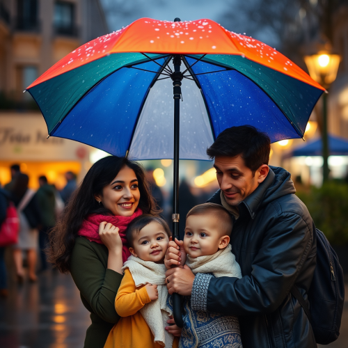 Family Under Umbrella Taking Family Portrait In Rain