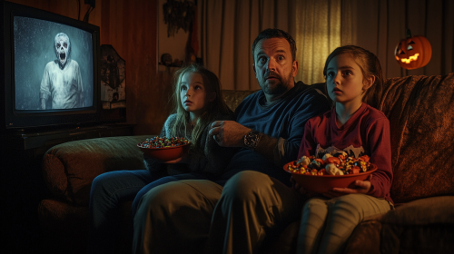 Family Watching Halloween Movie with Candy Bowls Family Watching Halloween Movie with Candy Bowls