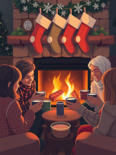 Family by Fireplace with Hot Cocoa
