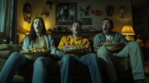 Family enjoying Halloween movie night on cozy sofa.